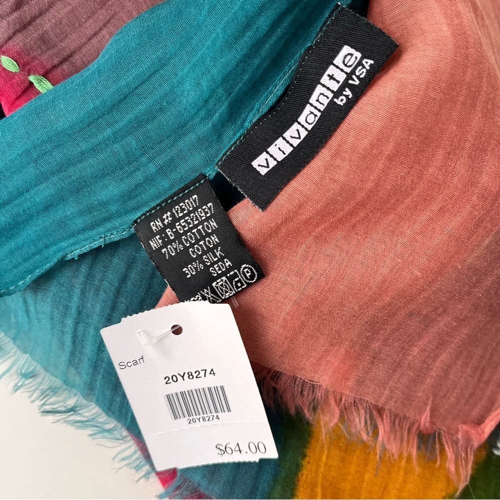 New With Tags NWT Vivante 70% Cotton 30% Silk Multicolor Scarf Approx 24 x 72 - Picture 9 of 12